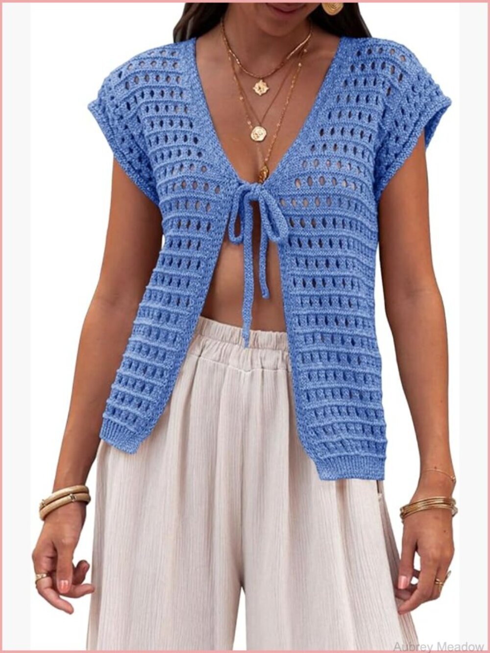 Tie Front Crochet Shrug Short Sleeve Open Lightweight Knit Cropped Cardigan
